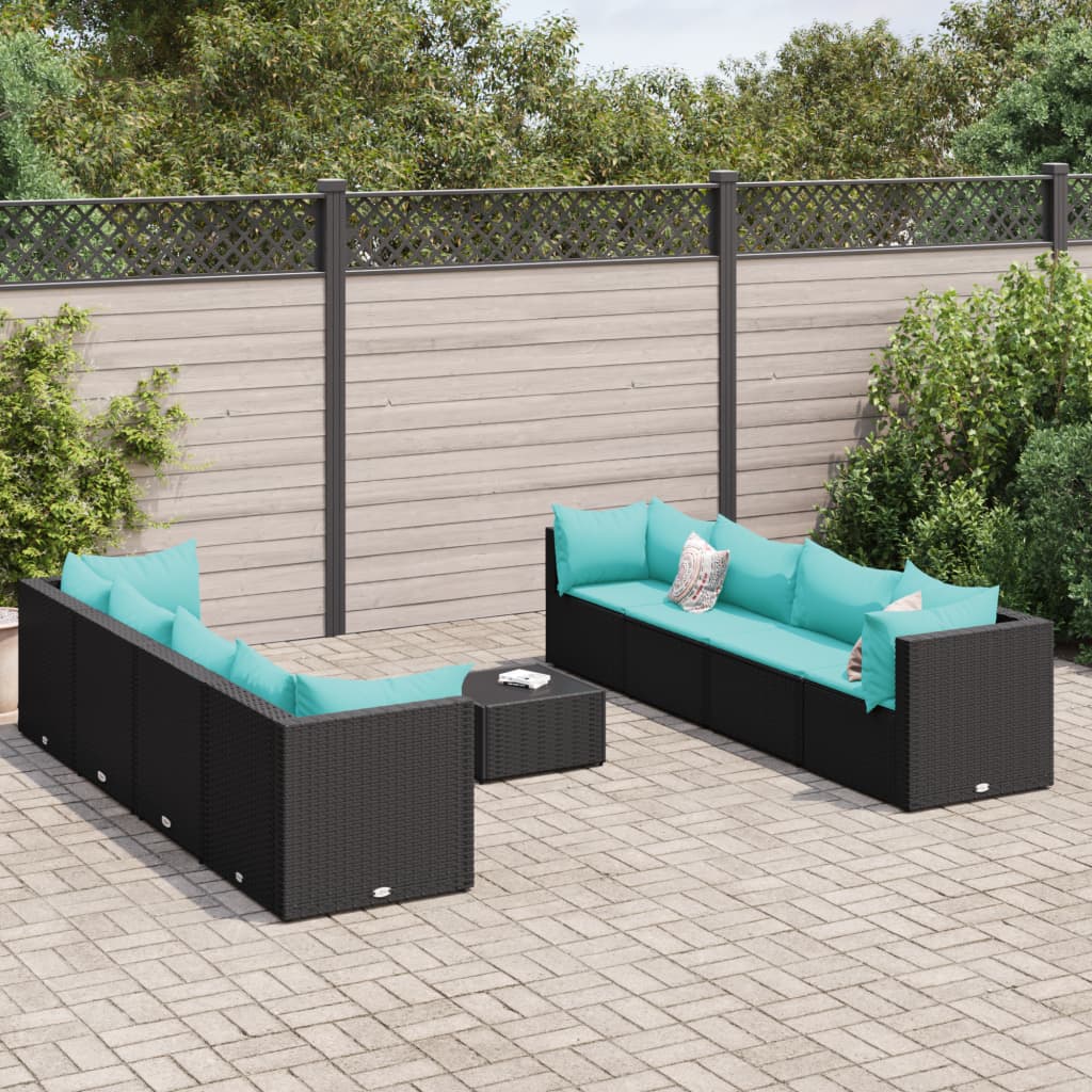 Loungeset Met Kussens Poly Rattan 9 Zwart en blauw