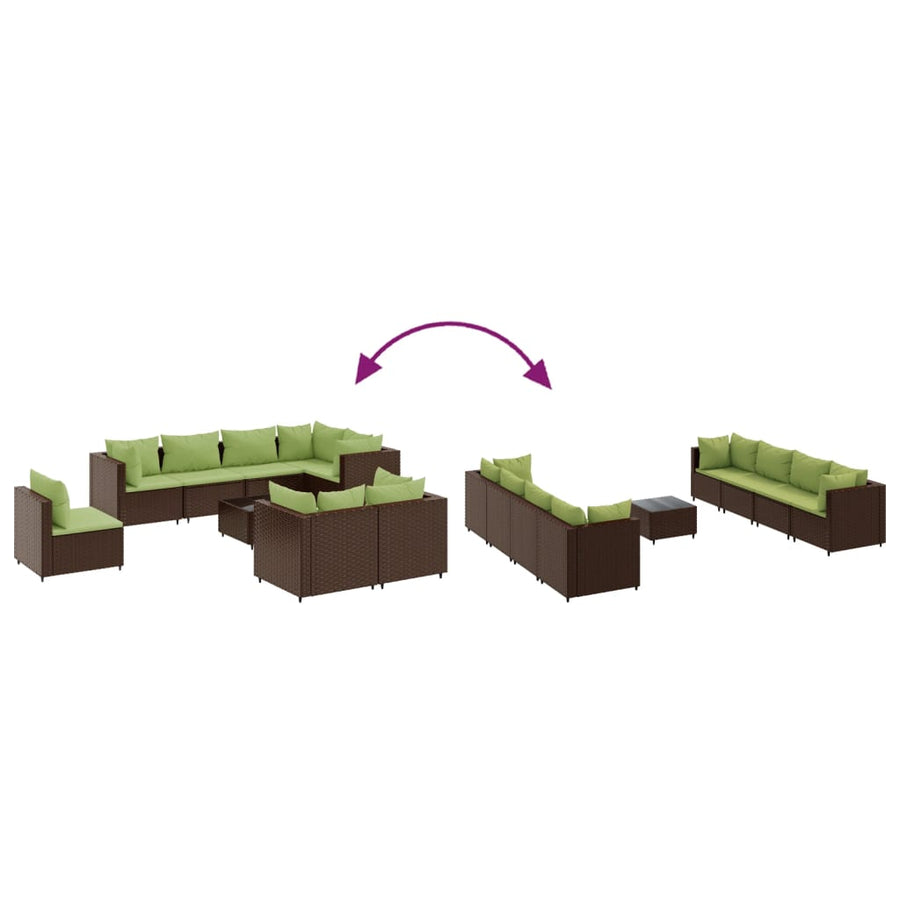 9-delige Loungeset met kussens poly rattan bruin