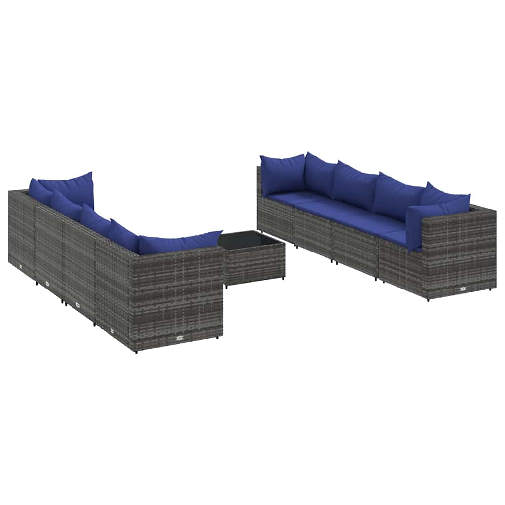 9-delige Loungeset met kussens poly rattan grijs