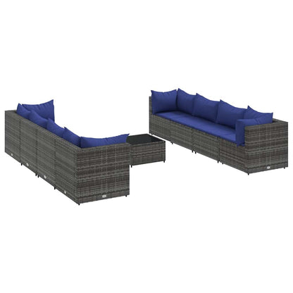 9-delige Loungeset met kussens poly rattan grijs
