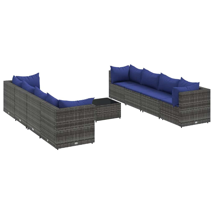 9-delige Loungeset met kussens poly rattan grijs