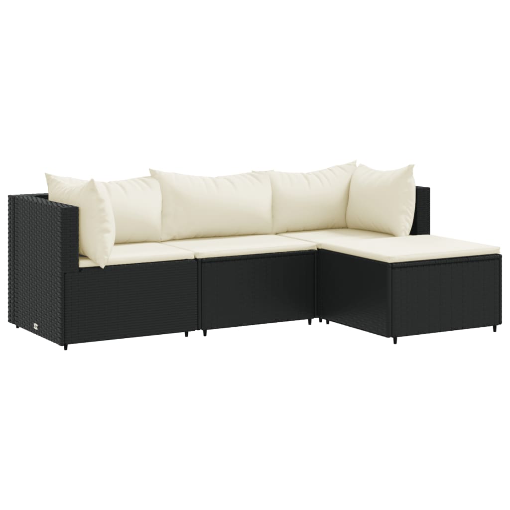 4-delige Loungeset met kussens poly rattan zwart