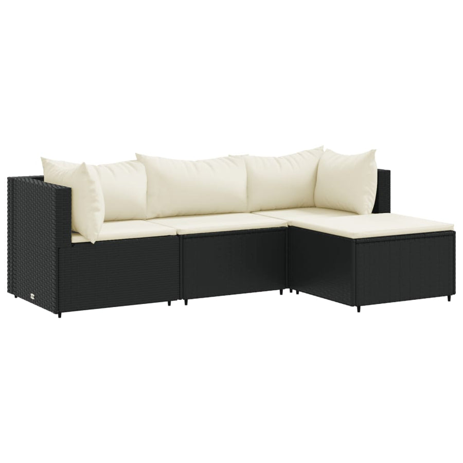 4-delige Loungeset met kussens poly rattan zwart