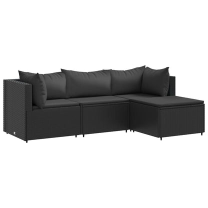 4-delige Loungeset met kussens poly rattan zwart