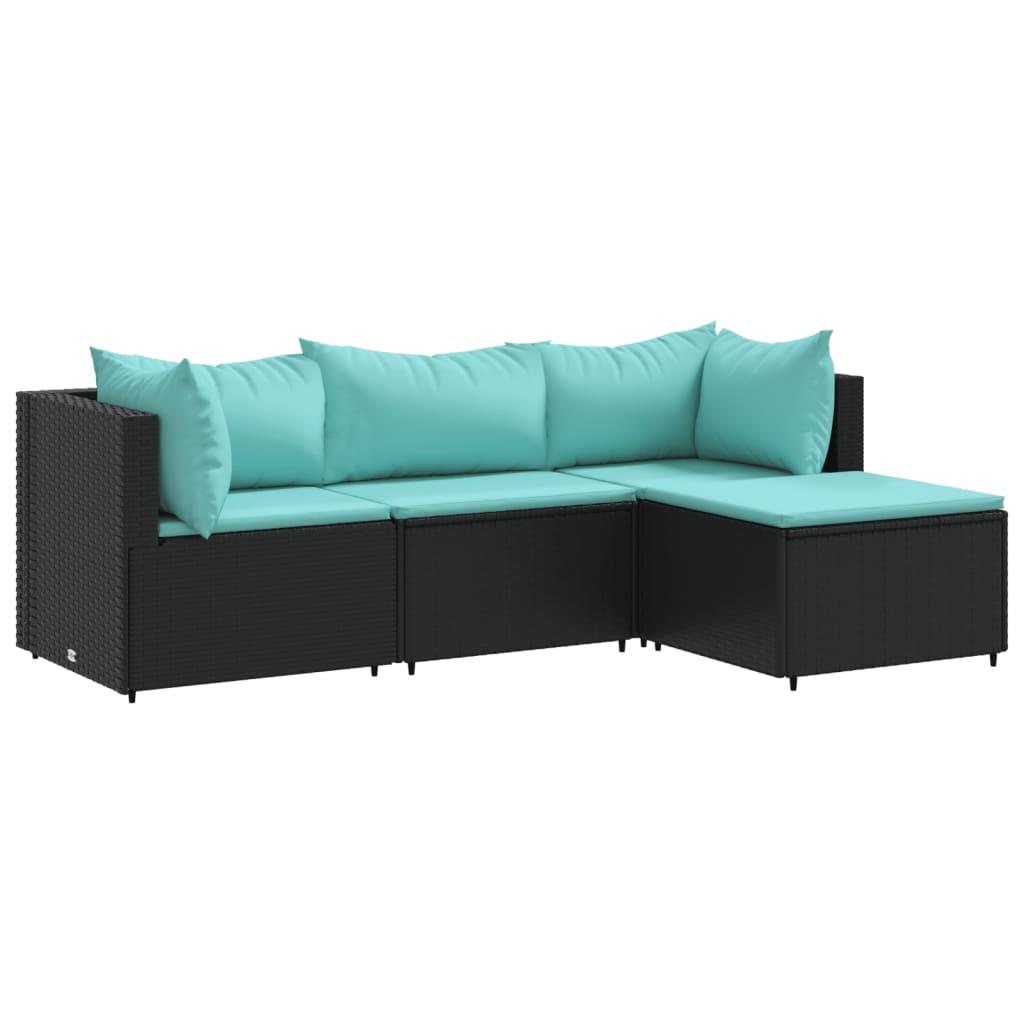 4-delige Loungeset met kussens poly rattan zwart