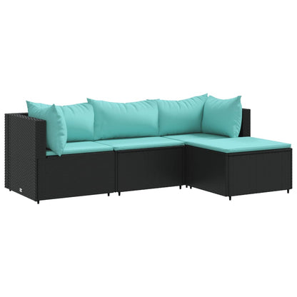 4-delige Loungeset met kussens poly rattan zwart