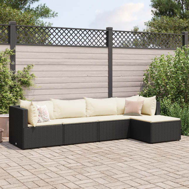 5-delige Loungeset met kussens poly rattan zwart