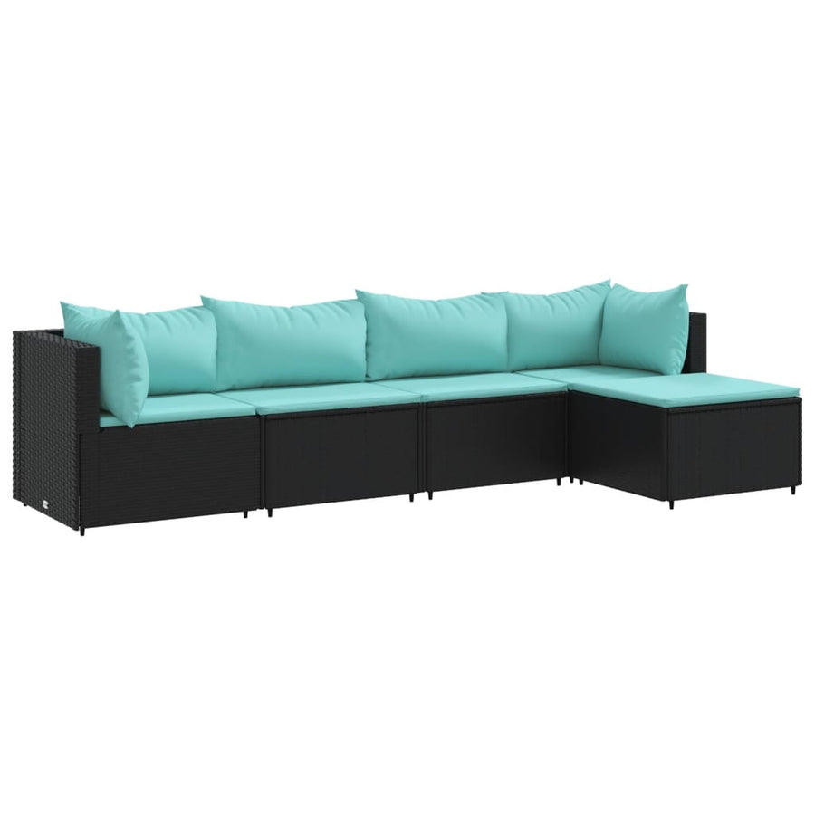 5-delige Loungeset met kussens poly rattan zwart