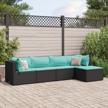 5-delige Loungeset met kussens poly rattan zwart