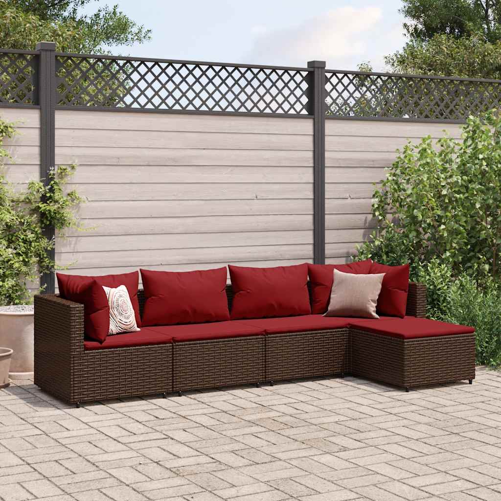 5-delige Loungeset met kussens poly rattan bruin