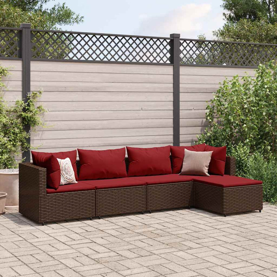 5-delige Loungeset met kussens poly rattan bruin