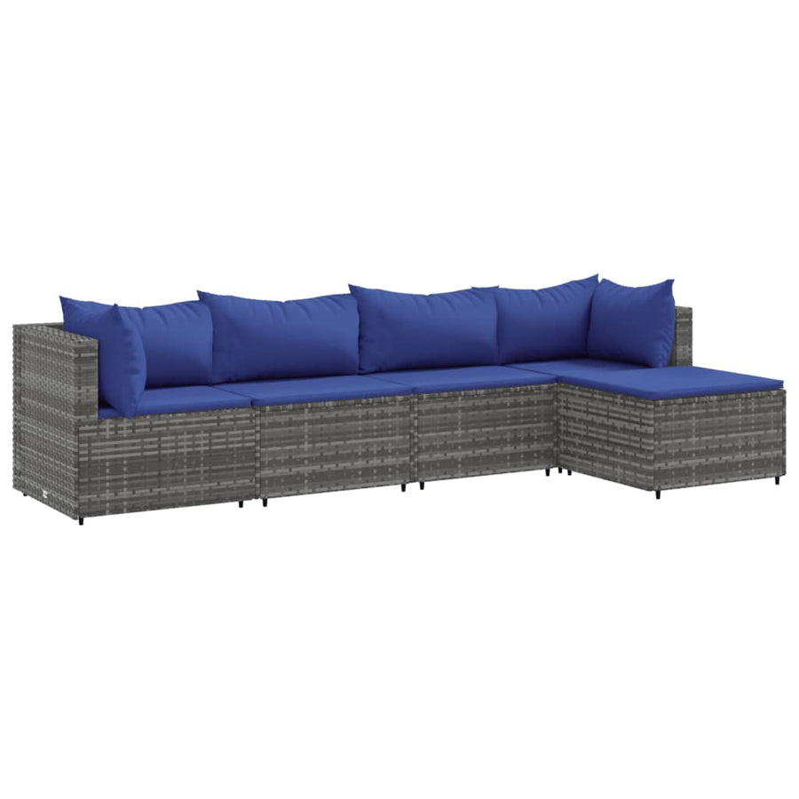 5-delige Loungeset met kussens poly rattan grijs