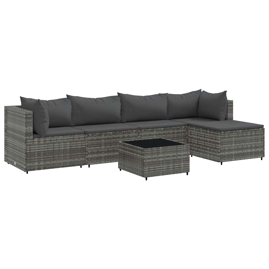 6-delige Loungeset met kussens poly rattan grijs
