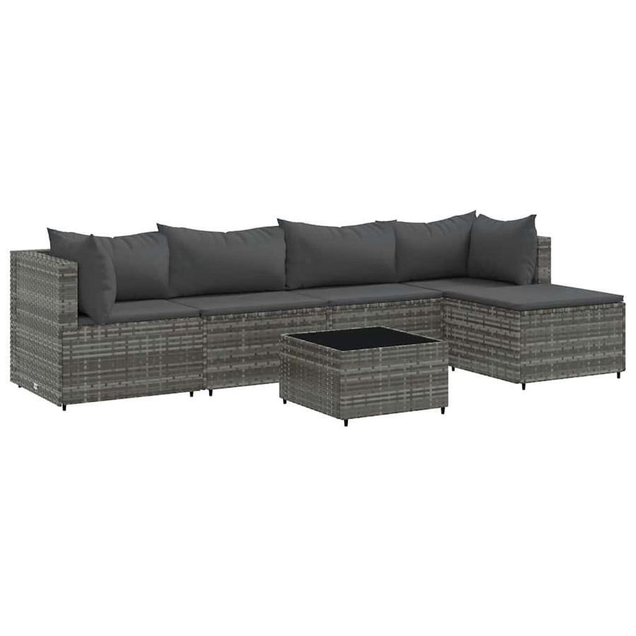 6-delige Loungeset met kussens poly rattan grijs