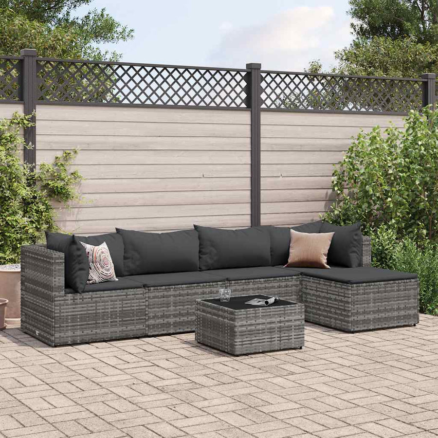 6-delige Loungeset met kussens poly rattan grijs