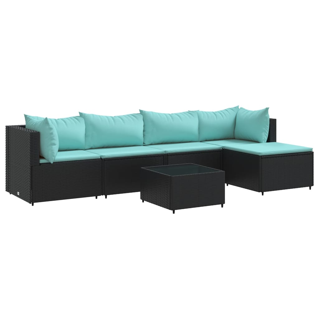 6-delige Loungeset met kussens poly rattan zwart