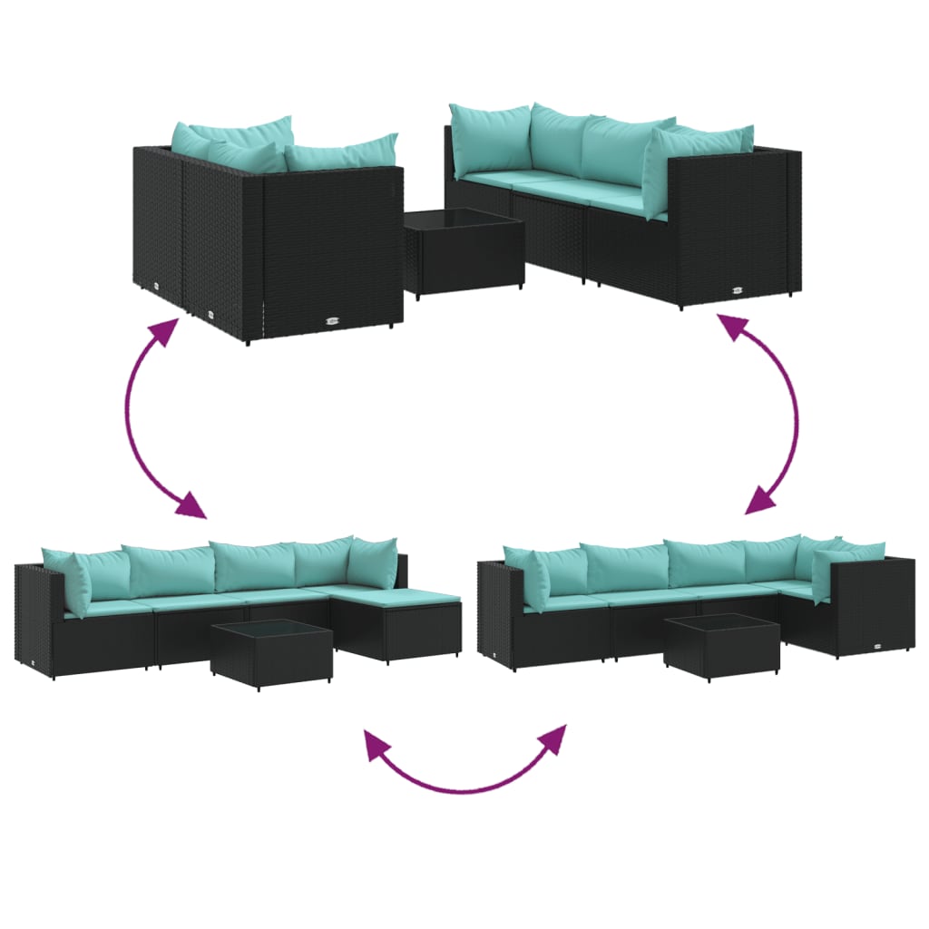 6-delige Loungeset met kussens poly rattan zwart