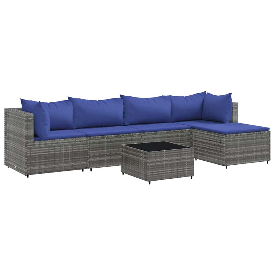 6-delige Loungeset met kussens poly rattan grijs