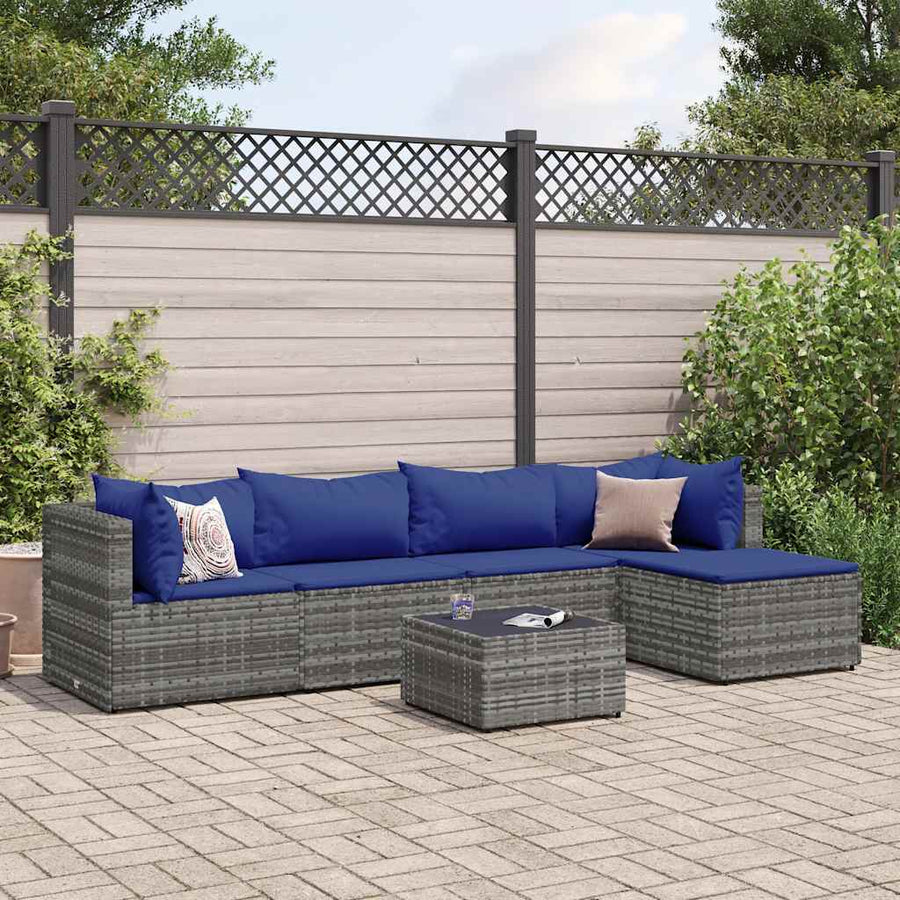 6-delige Loungeset met kussens poly rattan grijs