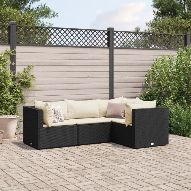 4-delige Loungeset met kussens poly rattan zwart