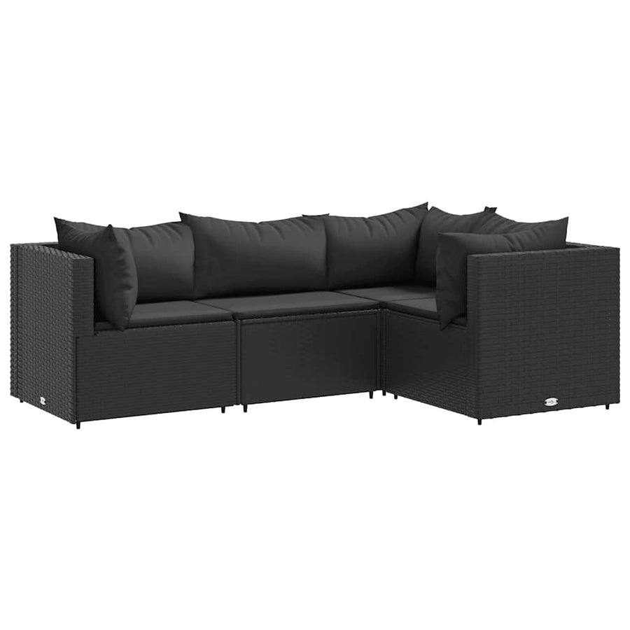4-delige Loungeset met kussens poly rattan zwart