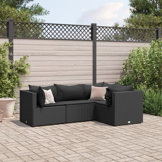 4-delige Loungeset met kussens poly rattan zwart