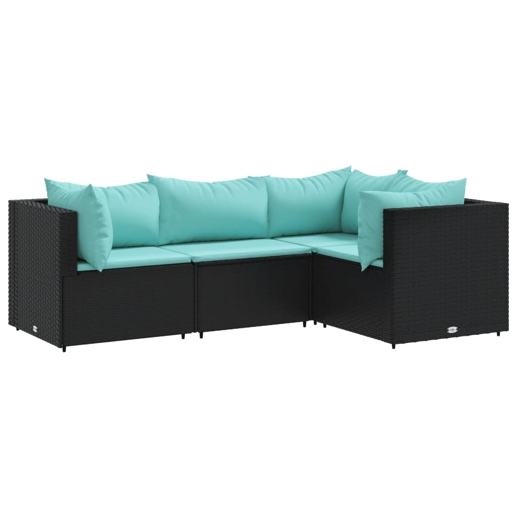 4-delige Loungeset met kussens poly rattan zwart