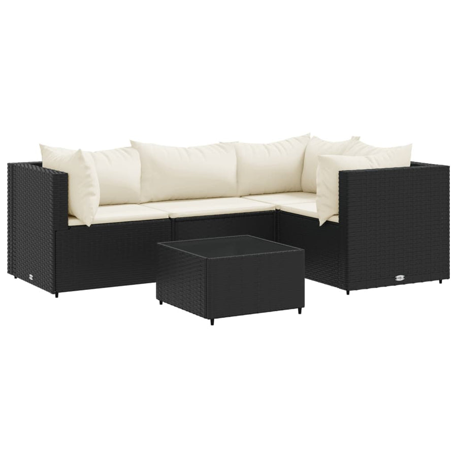 5-delige Loungeset met kussens poly rattan zwart