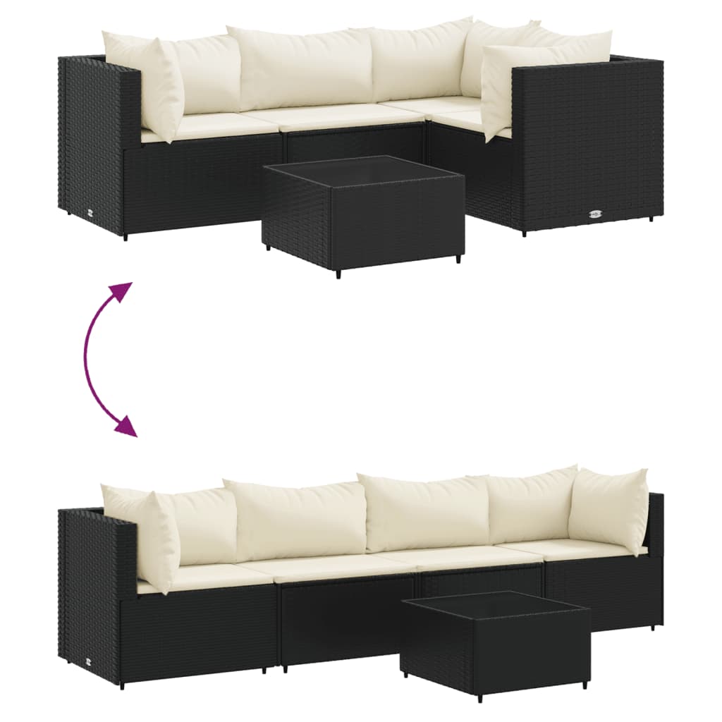 5-delige Loungeset met kussens poly rattan zwart