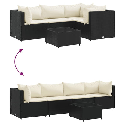 5-delige Loungeset met kussens poly rattan zwart