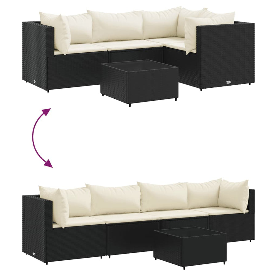5-delige Loungeset met kussens poly rattan zwart