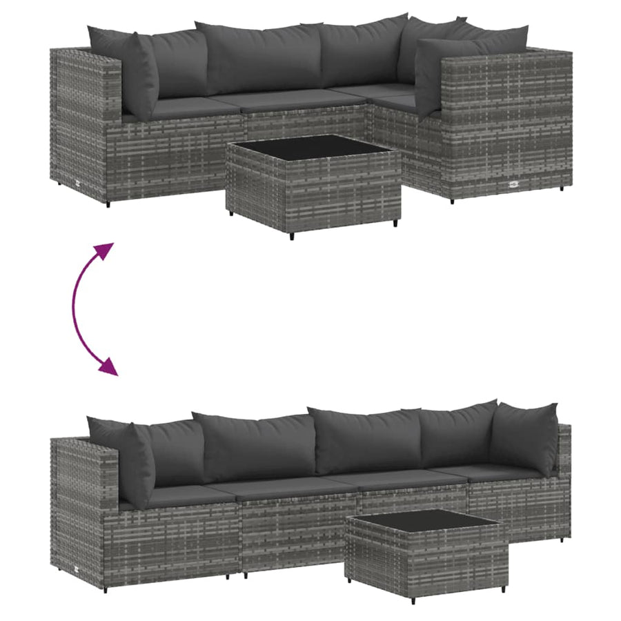 5-delige Loungeset met kussens poly rattan grijs