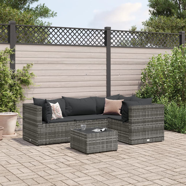 5-delige Loungeset met kussens poly rattan grijs