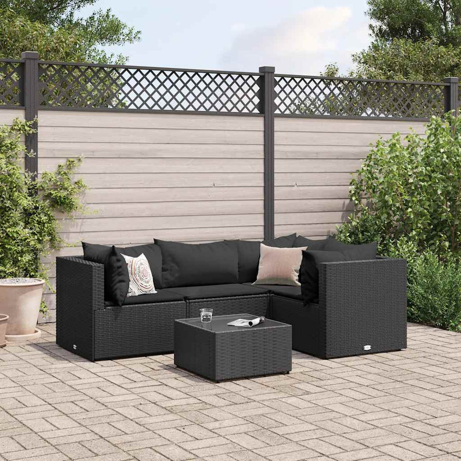 5-delige Loungeset met kussens poly rattan zwart