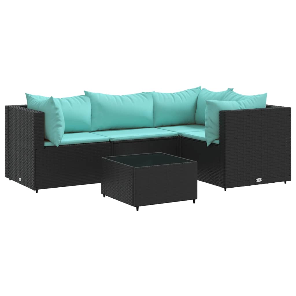 5-Delige Loungeset Met Kussens Poly Rattan 1 Zwart en blauw