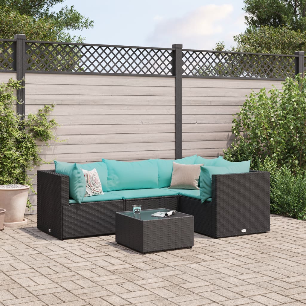 5-Delige Loungeset Met Kussens Poly Rattan 1 Zwart en blauw