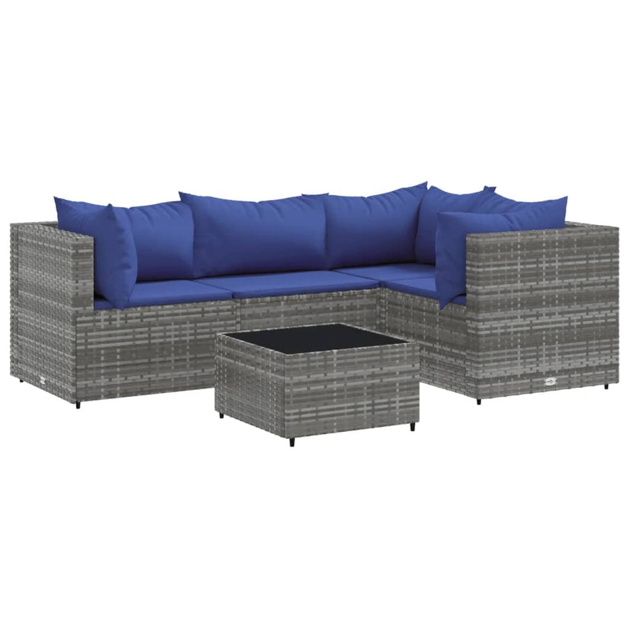 5-delige Loungeset met kussens poly rattan grijs