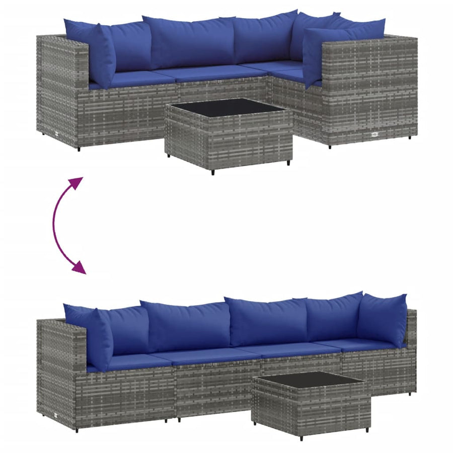 5-delige Loungeset met kussens poly rattan grijs