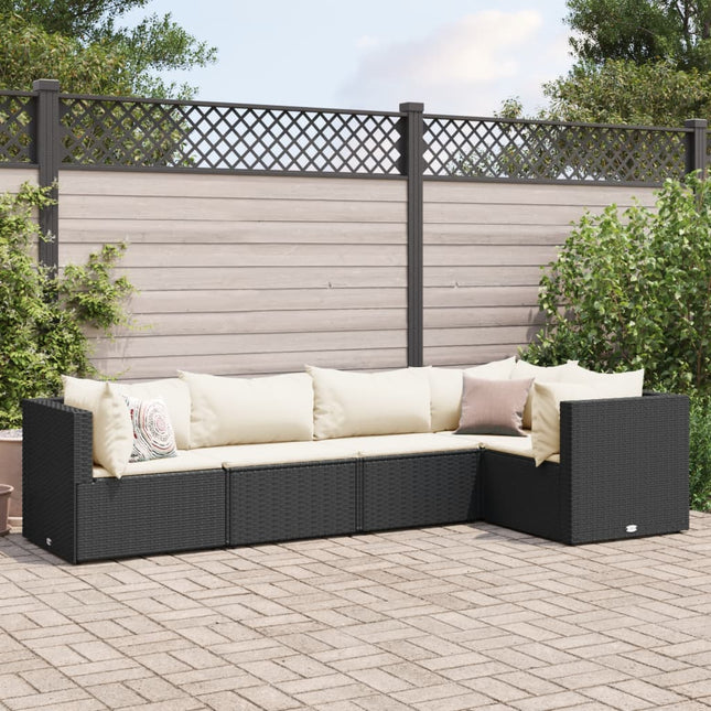 5-delige Loungeset met kussens poly rattan zwart