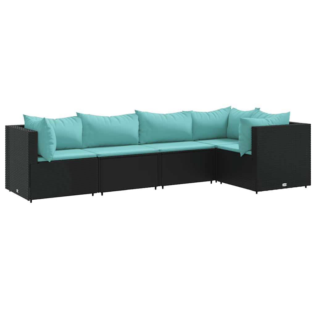 5-delige Loungeset met kussens poly rattan zwart