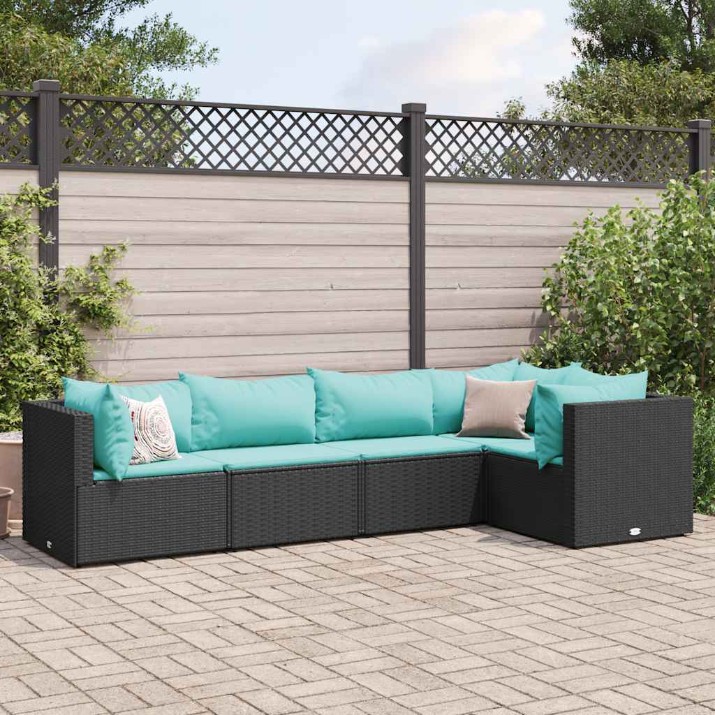 5-delige Loungeset met kussens poly rattan zwart