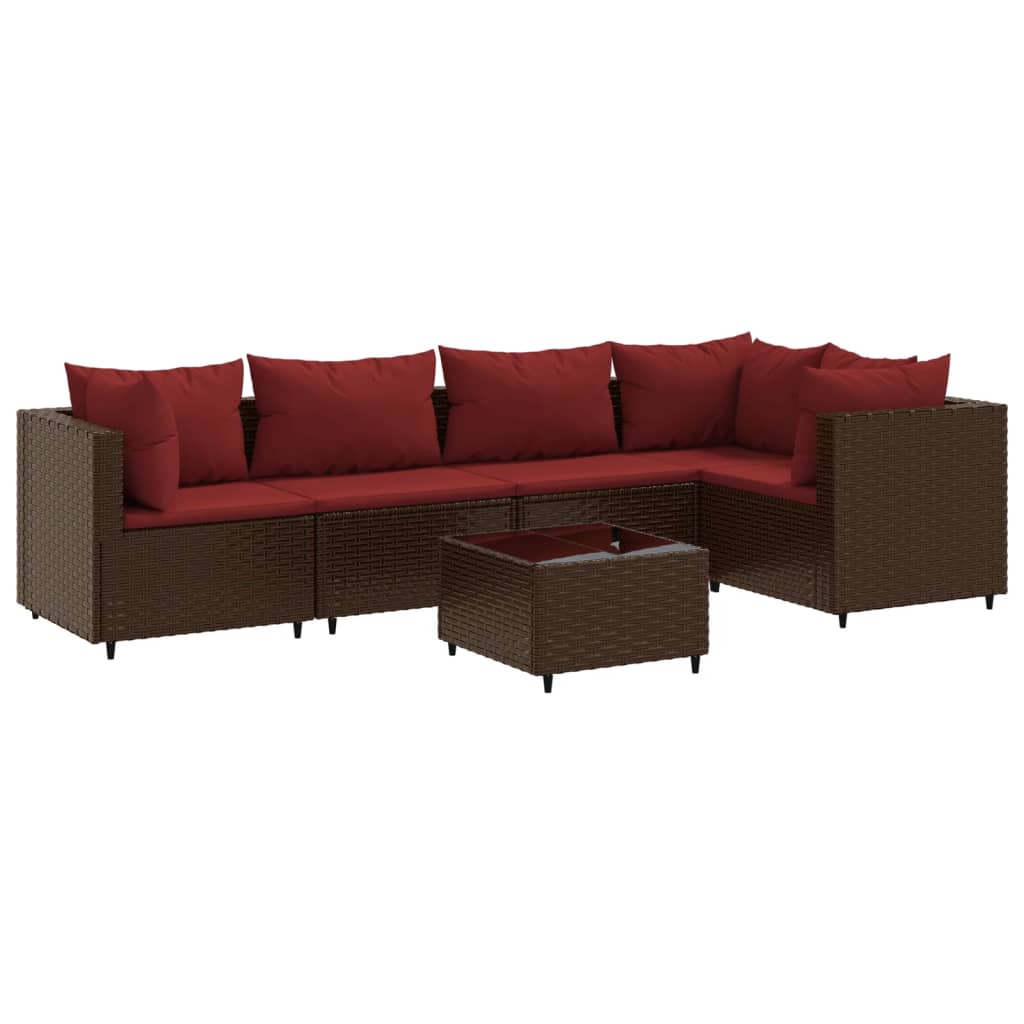 6-delige Loungeset met kussens poly rattan bruin