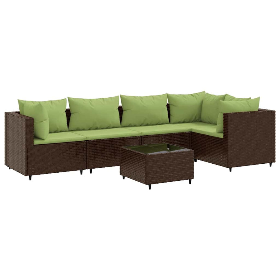 6-Delige Loungeset Met Kussens Poly Rattan 1 Bruin en groen