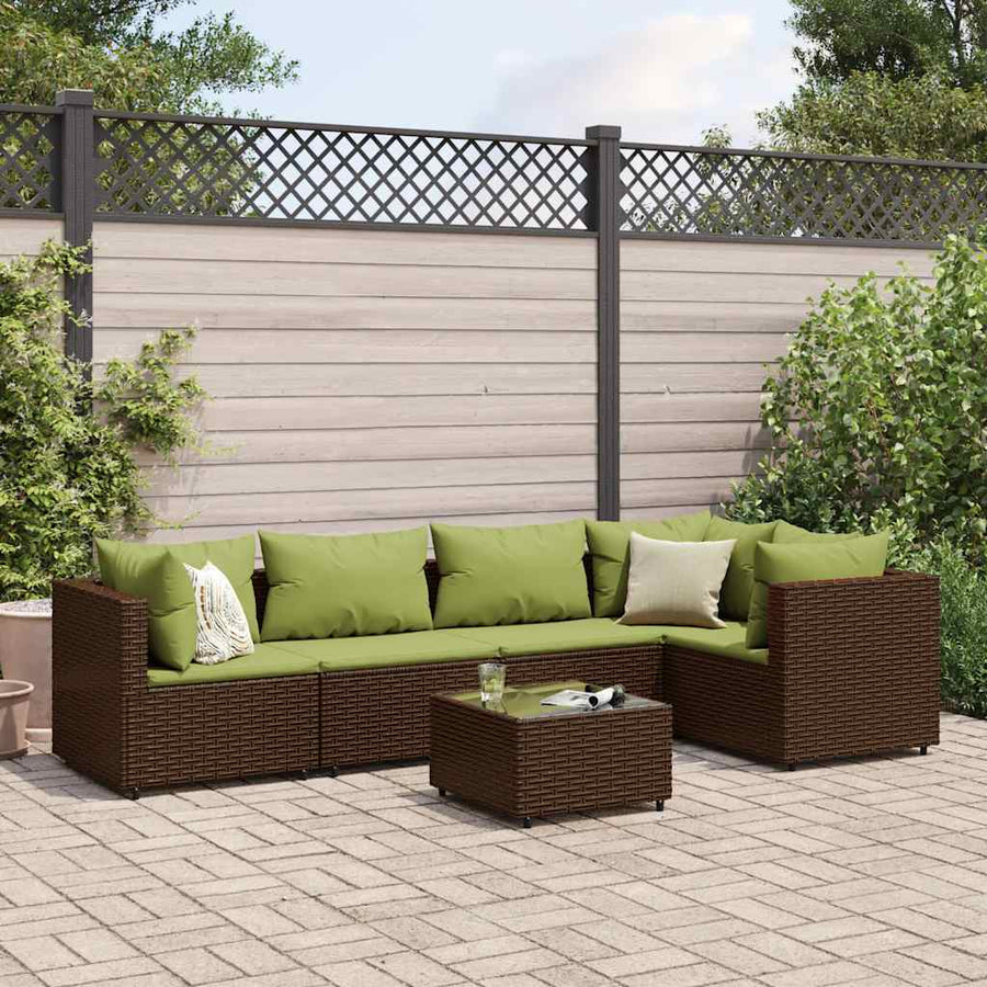 6-Delige Loungeset Met Kussens Poly Rattan 1 Bruin en groen