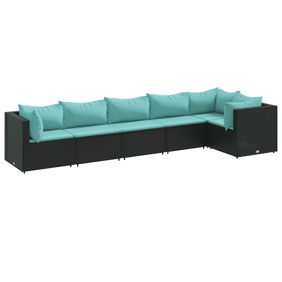 6-delige Loungeset met kussens poly rattan zwart