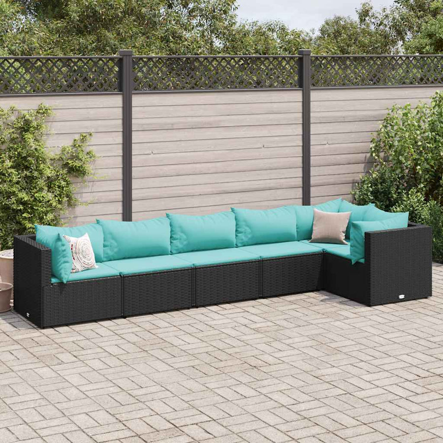 6-delige Loungeset met kussens poly rattan zwart