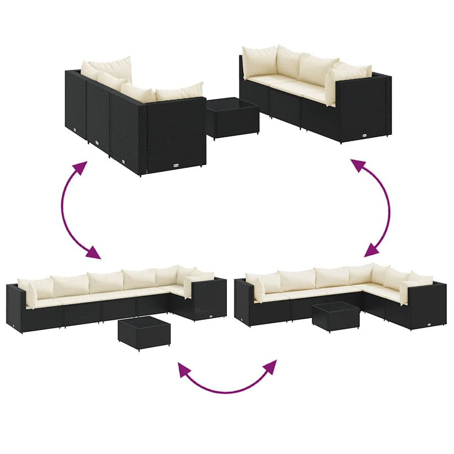 7-Delige Loungeset Met Kussens Poly Rattan 1 Zwart en crème
