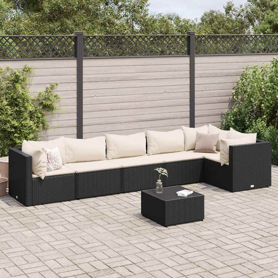7-Delige Loungeset Met Kussens Poly Rattan 1 Zwart en crème