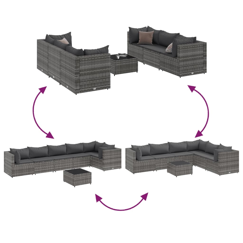 7-delige Loungeset met kussens poly rattan grijs
