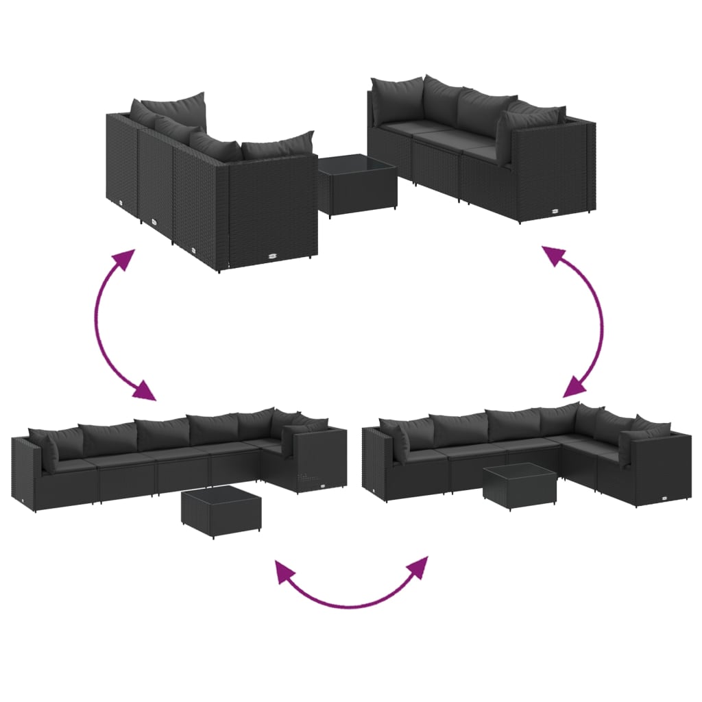 7-delige Loungeset met kussens poly rattan zwart